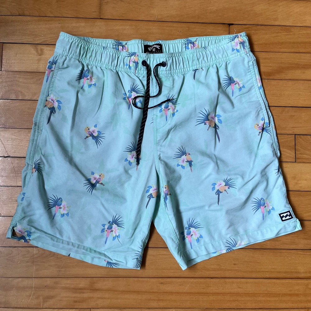 Billabong Sundays Layback Board Shorts Mens Large Swim Green Tropical Parrot L